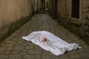 cadavere avvolto in un lenzuolo sporco di sangue
