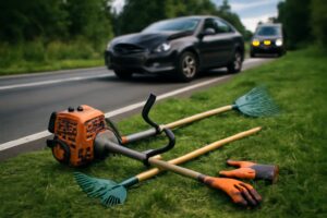 incidente e attrezzi giardinaggio a bordo strada
