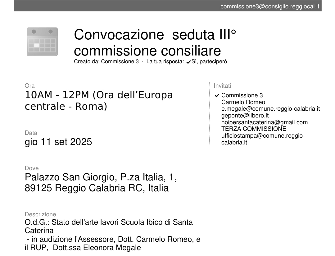 Convocazione seduta 3ª Commissione consiliare