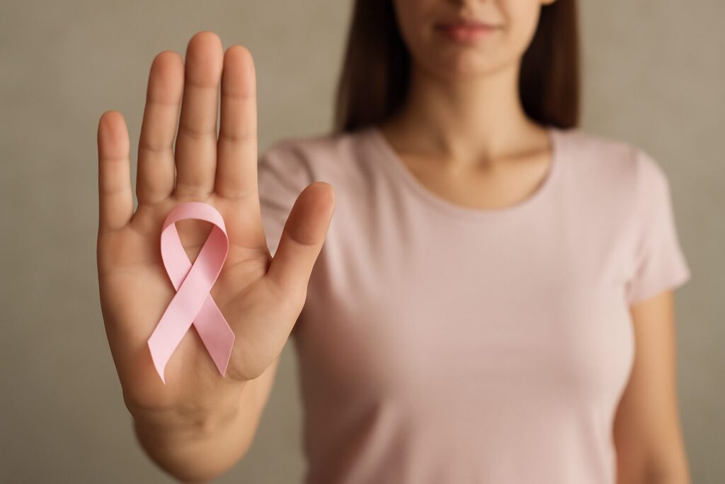 Mano con fiocco rosa di consapevolezza