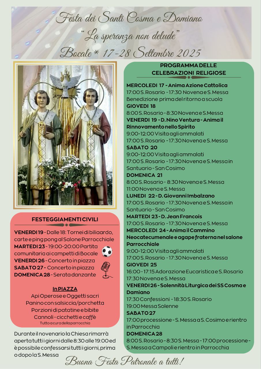 Programma festa Santi Cosma e Damiano Bocale