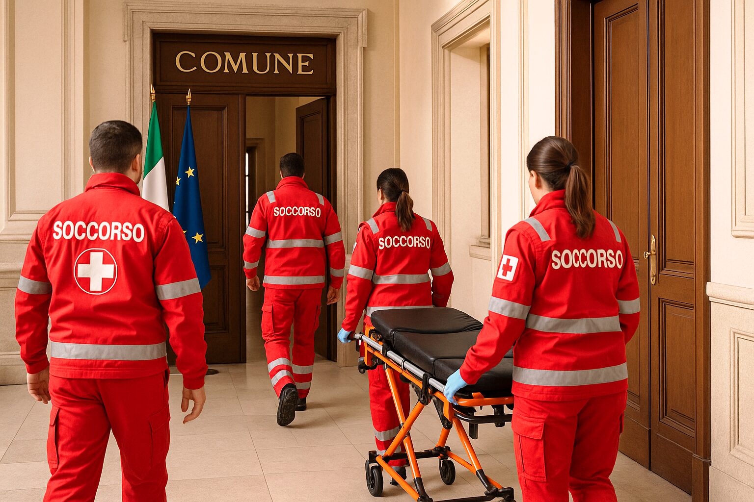 Soccorsi ambulanza con barella al palazzo del comune dopo malore