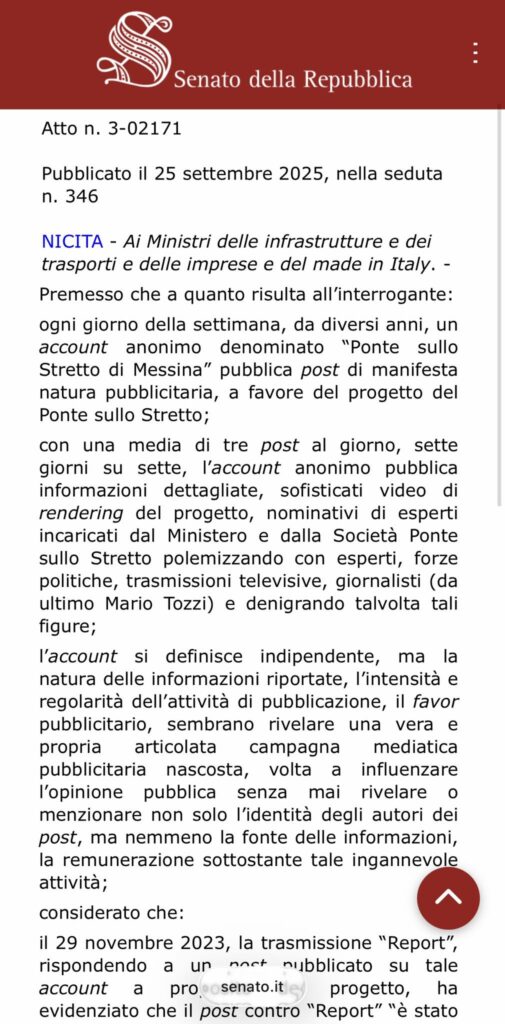 atto del senato contro la pagina facebook ponte sullo stretto di messina