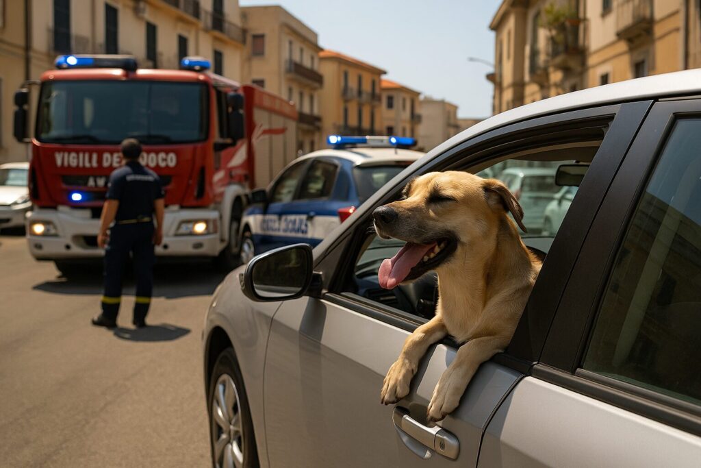 cane in auto sotto il sole vigili del fuoco polizia municipale