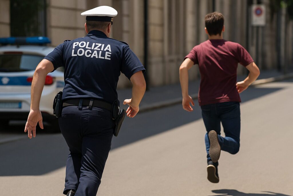 polizia locale rincorre uomo