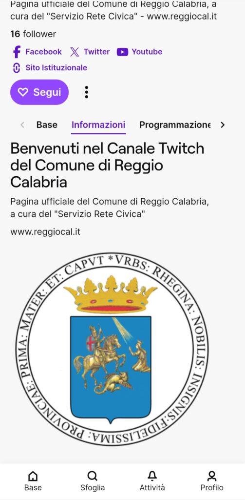 Canale Twitch Comune di Reggio Calabria