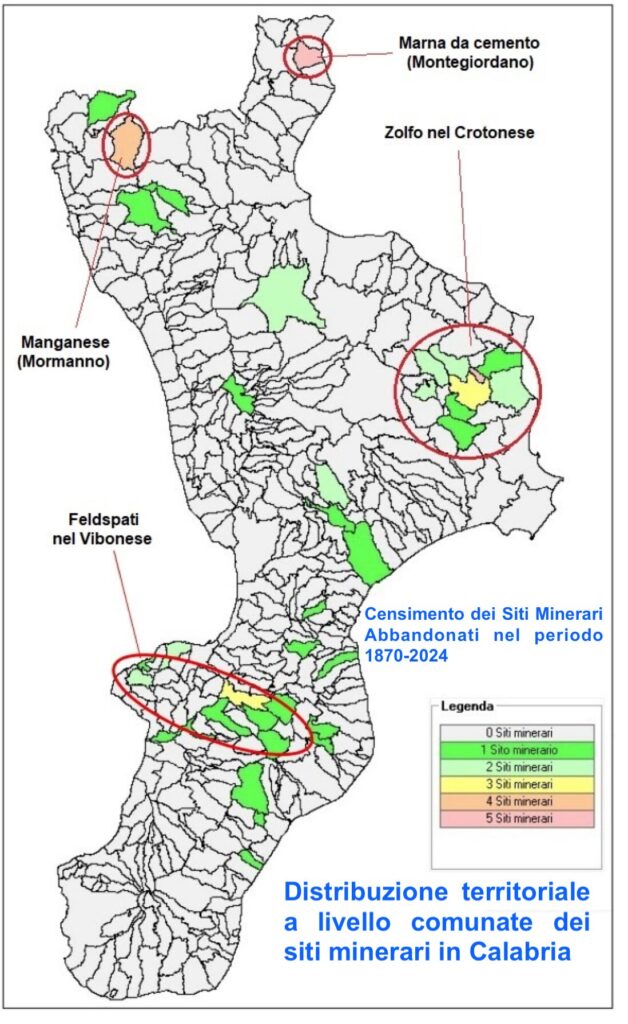 Distribuzione territoriale a livello comunate dei siti minerari in Calabria png