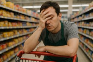 Lavoratore supermercato disperato e stanco