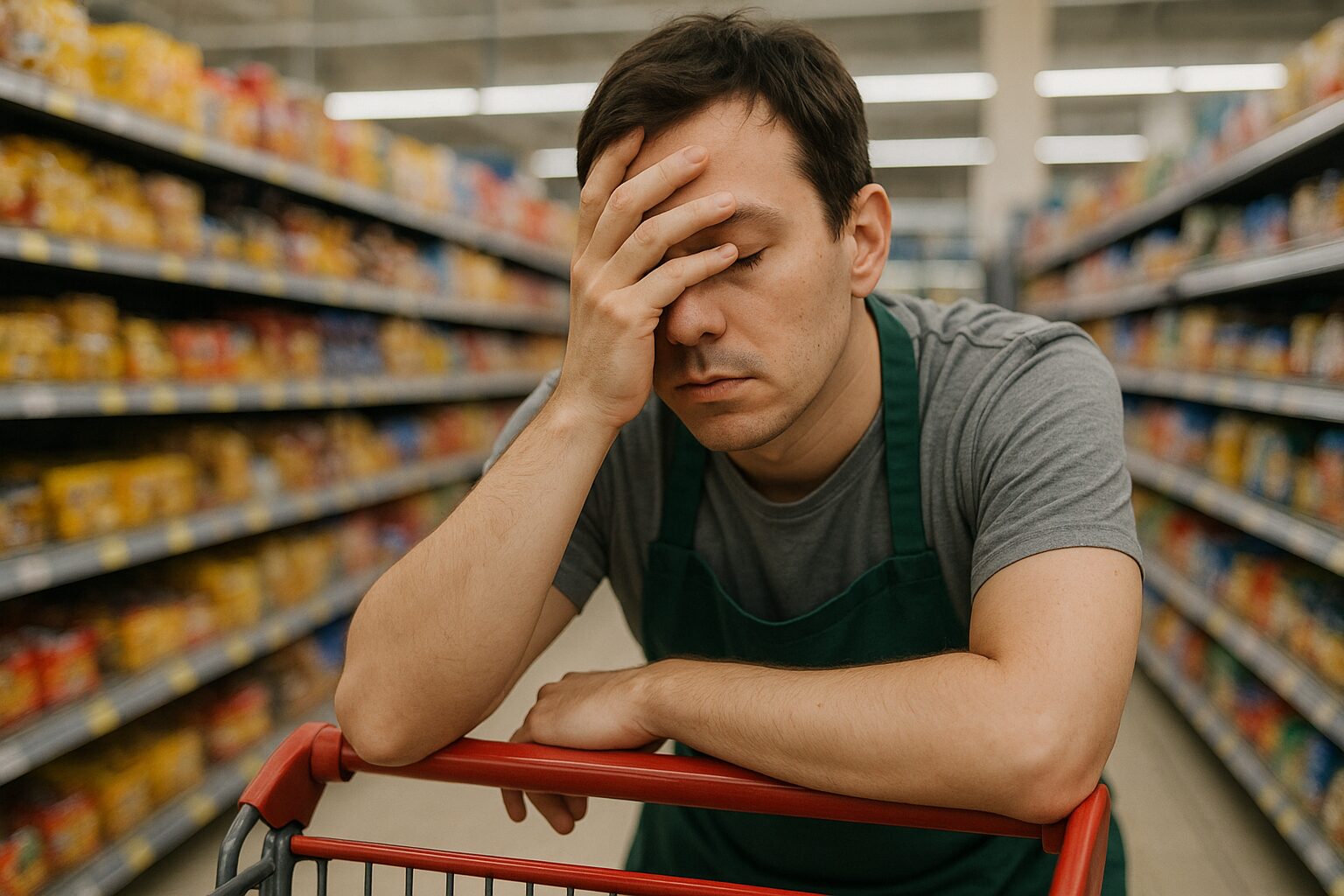 Lavoratore supermercato disperato e stanco