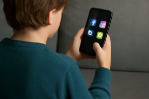 bambino al cellulare usa i social