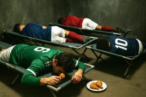 calciatori accampati nelle brandine che mangiano pollo