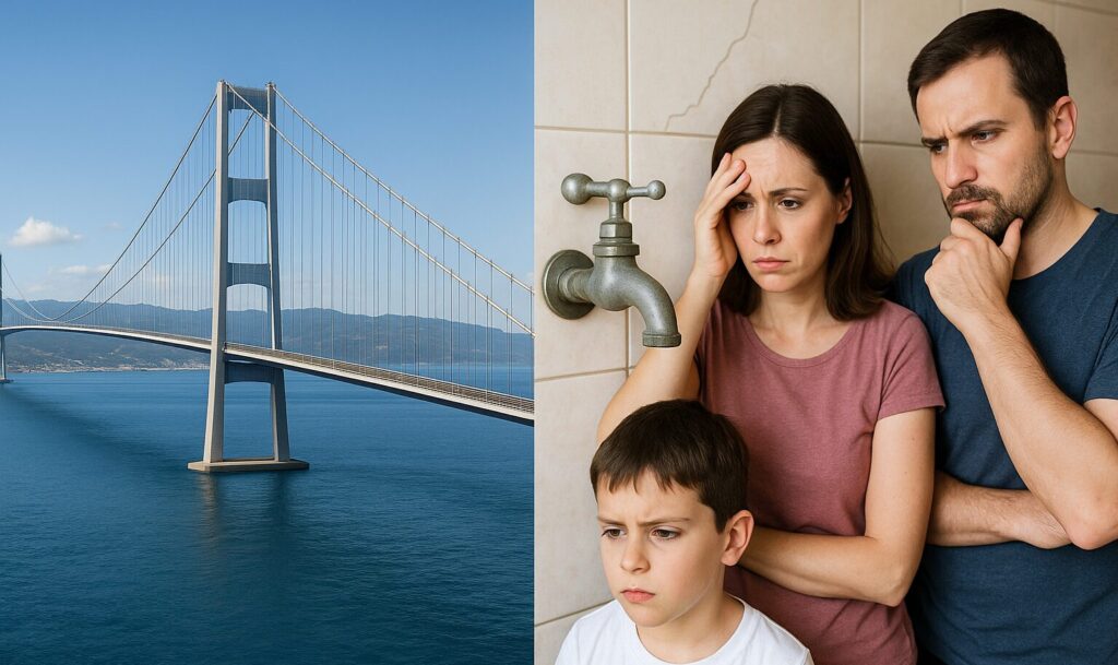 Ponte sullo Stretto e persone disperate con rubinetto a secco