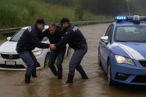 automobilista salvato dalla polizia durante il maltempo