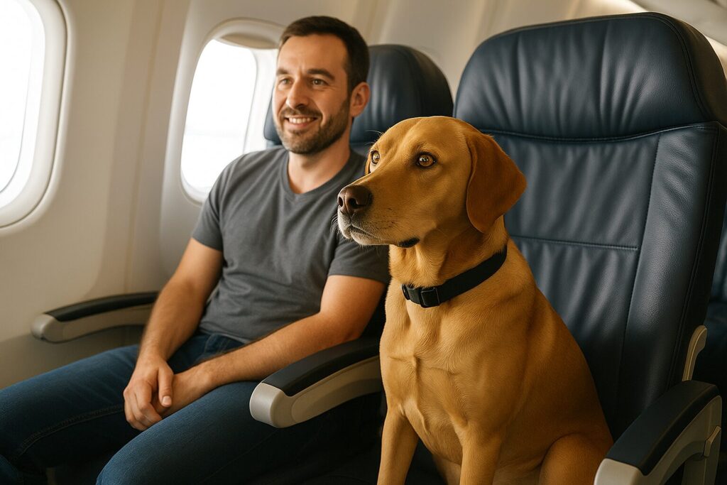 cane sull'aereo con il padrone