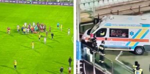 scontro di gioco in salernitana crotone e ambulanza in campo