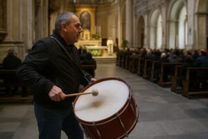 uomo suona tamburello in chiesa