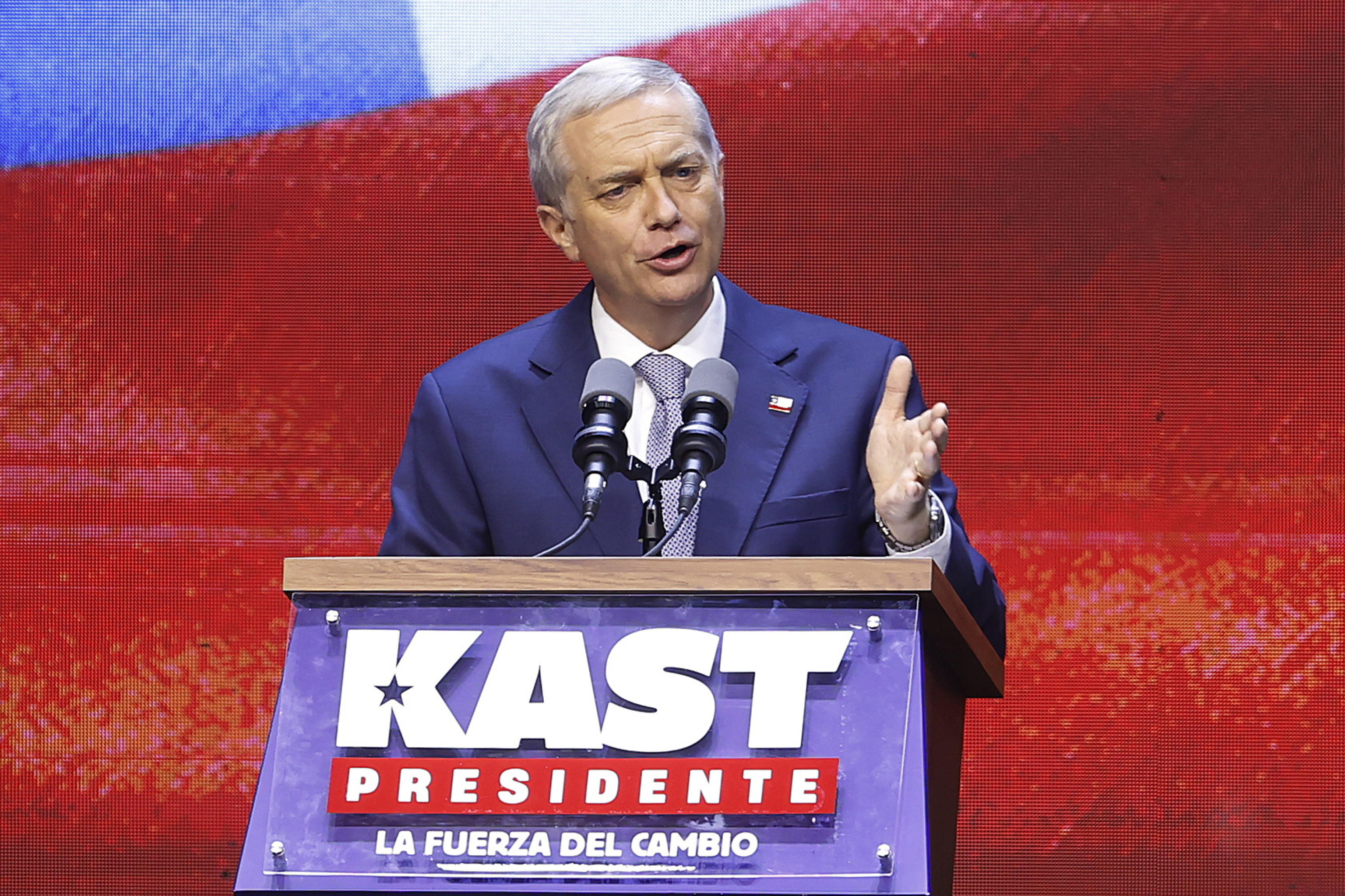 Chile’s president-elect Jose Antonio Kast addresses supporters in Santiago after election victory