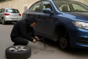 accovacciato accanto a un’auto smonta le ruote