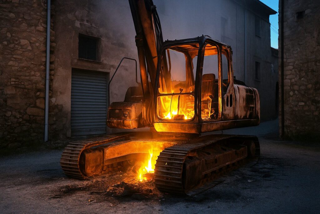 escavatore in fiamme