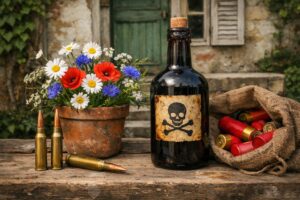 fiori cartucce e bottiglia sospetta