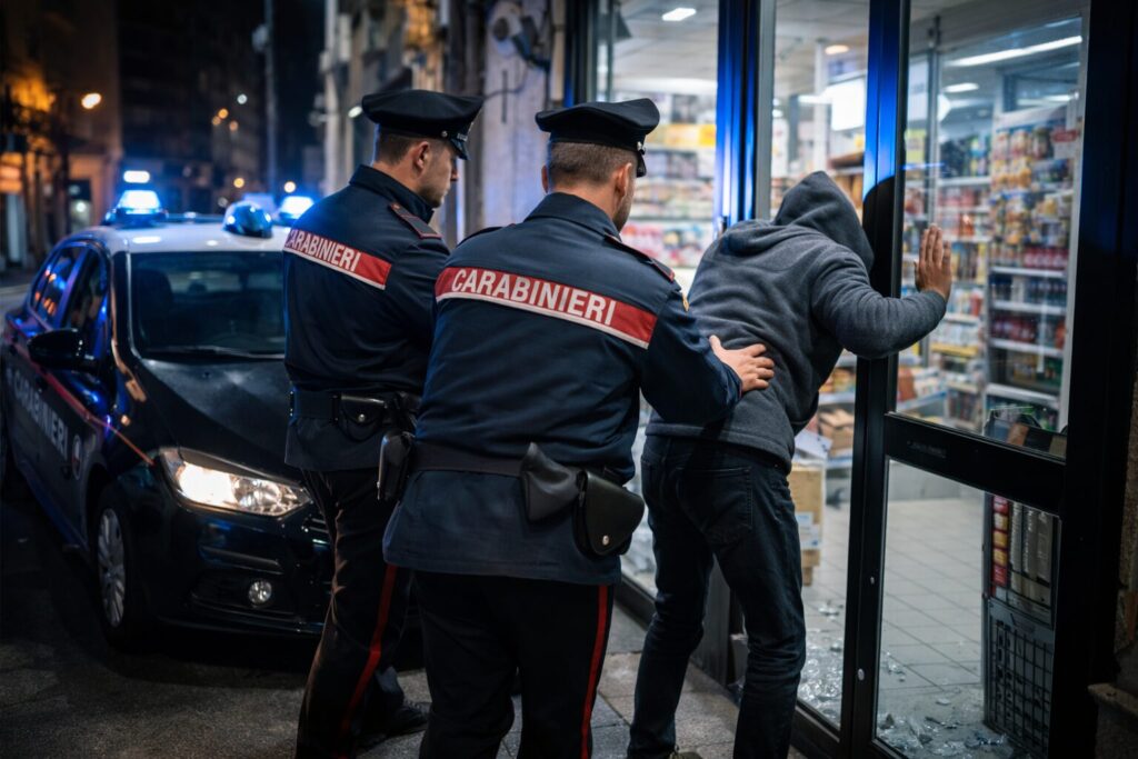 uomo forza porta di un supermercato arresto dei carabinieri
