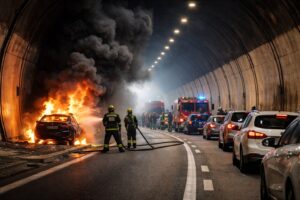 Auto in fiamme in galleria
