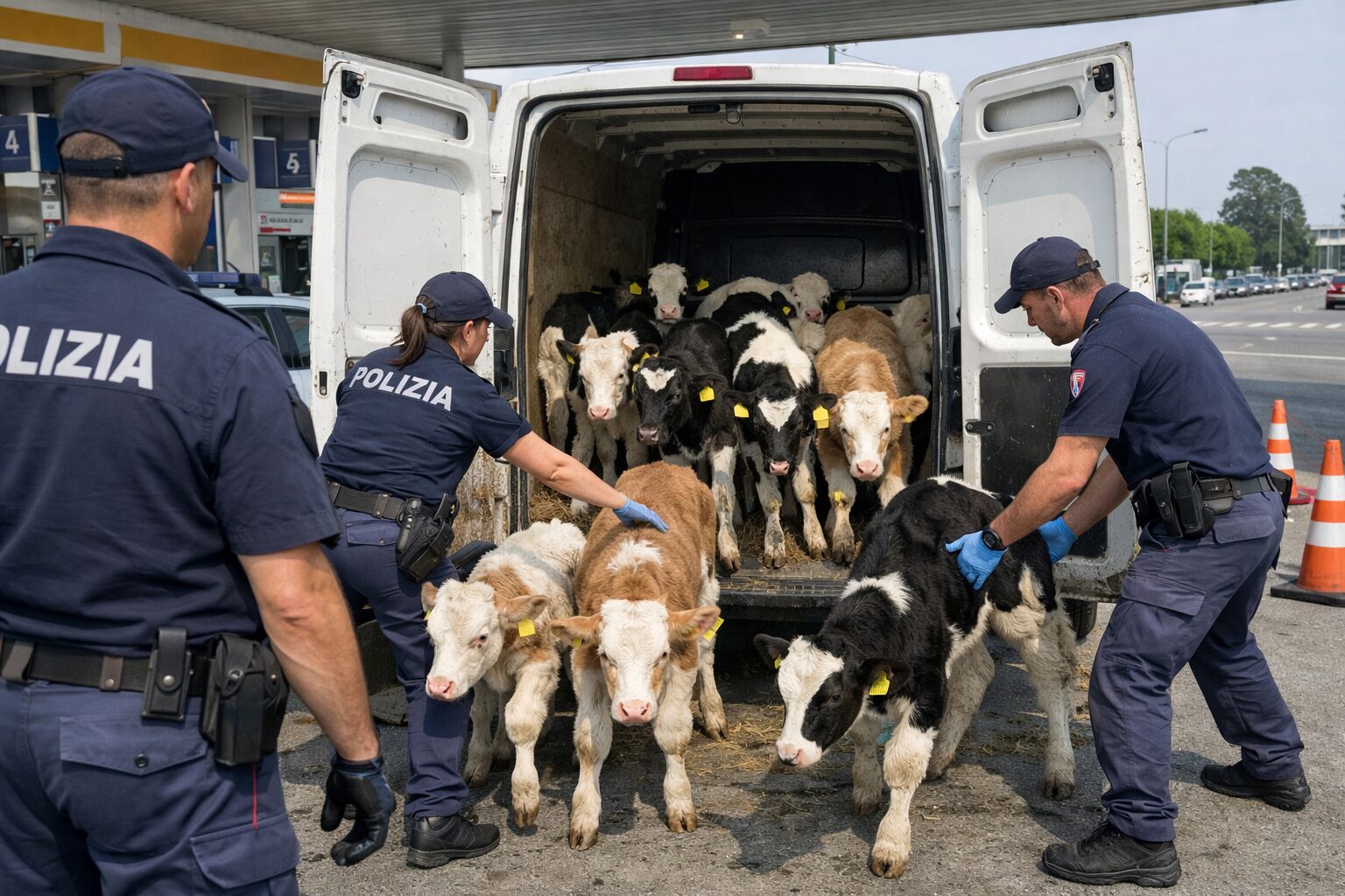Polizia salva vitelli stazione di servizio