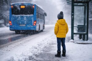 autobus e bambino neve