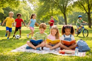 bambini che praticano sport e leggono un libro