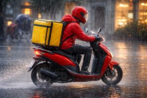 consegne a domicilio con motorino sotto la pioggia delivery su due ruote