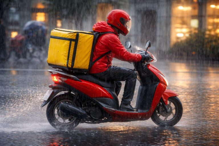 consegne a domicilio con motorino sotto la pioggia delivery su due ruote