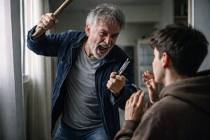 padre minaccia con bastone il figlio
