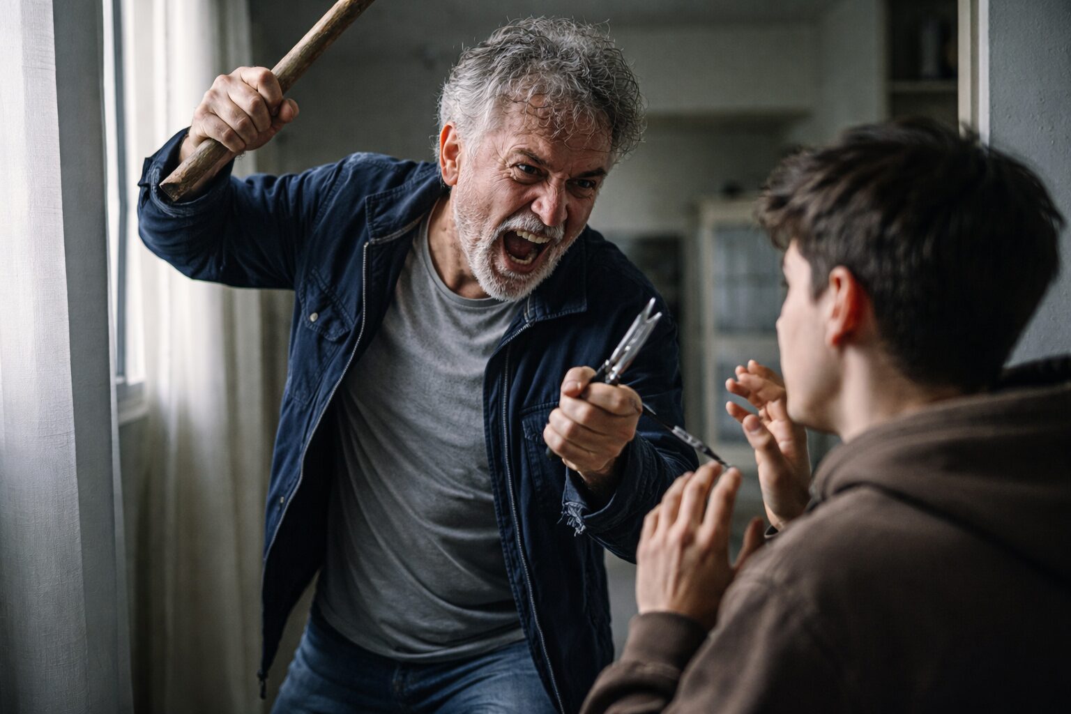 padre minaccia con bastone il figlio