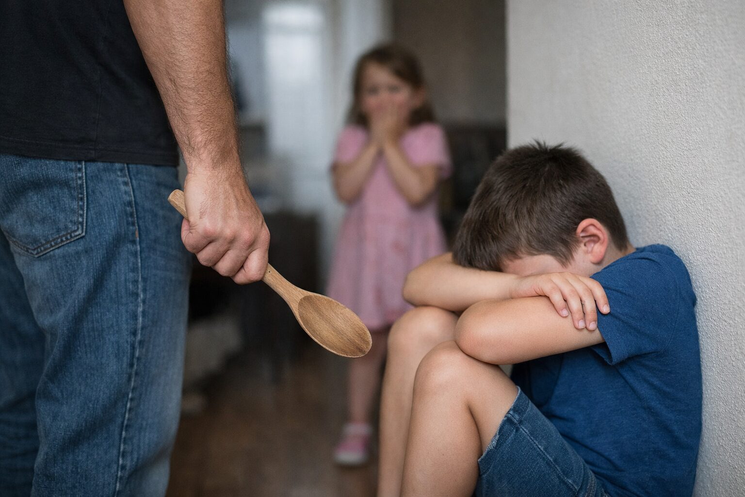 padre picchia il figlio con il cucchiaio di legno