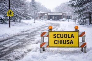 scuola chiusa con neve e ghiaccio in strada