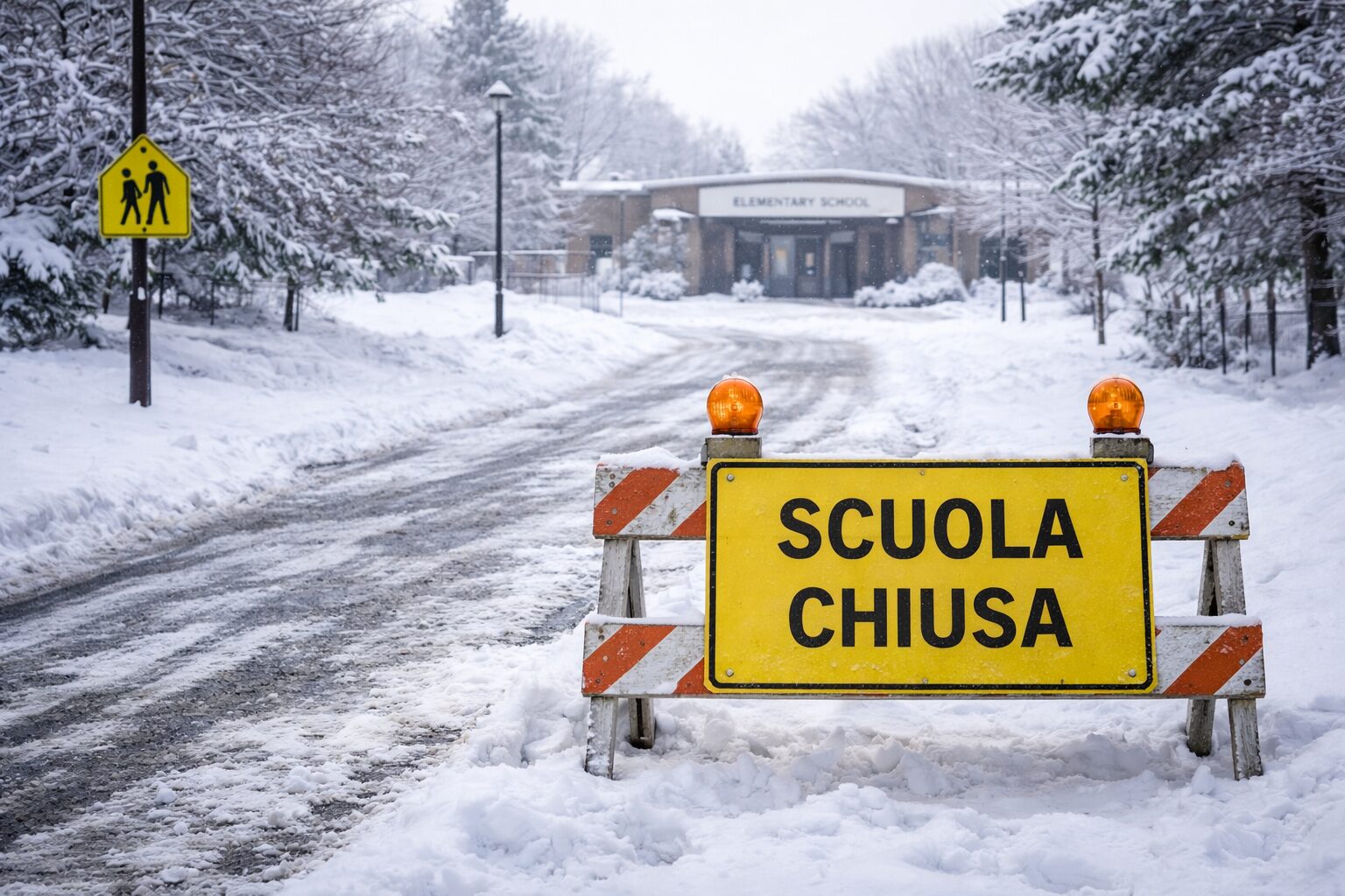 scuola chiusa con neve e ghiaccio in strada