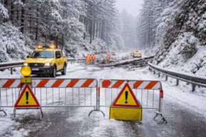 Neve caduta alberi e strada chiusa
