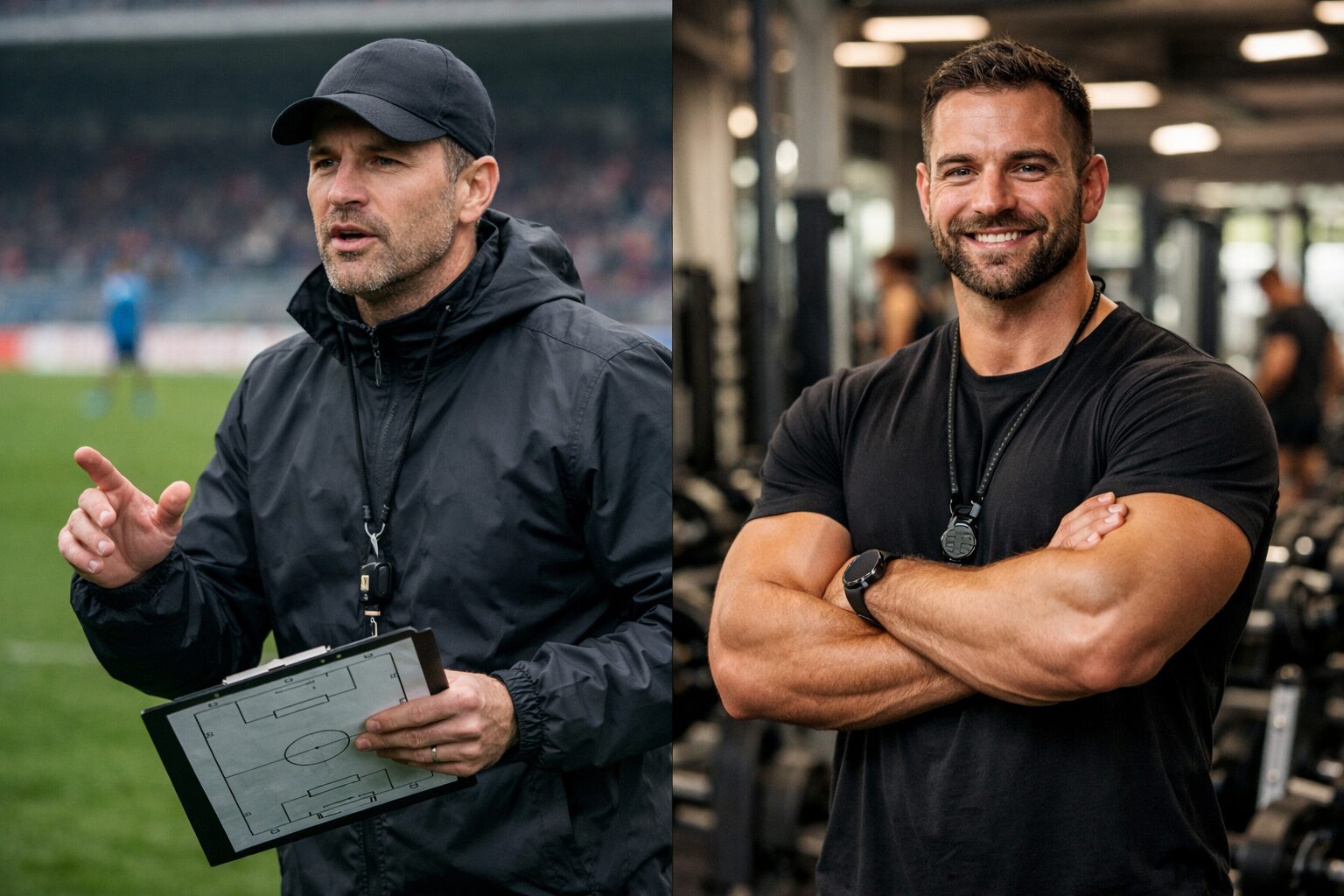 Allenatore di calcio e istruttore di sala pesi in palestra