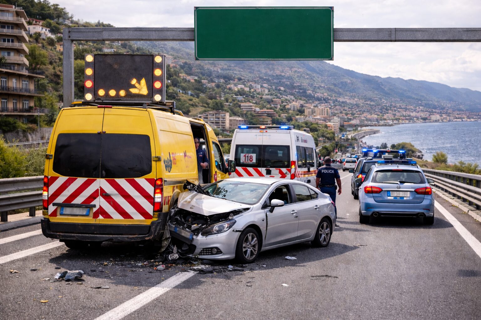 auto va a sbattere contro furgoncino di lavori