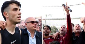 girasole praticò laaribi, barillà trocini festeggiano al termine della vittoria della finale playoff contro la Scafatese del 18 maggio 2025