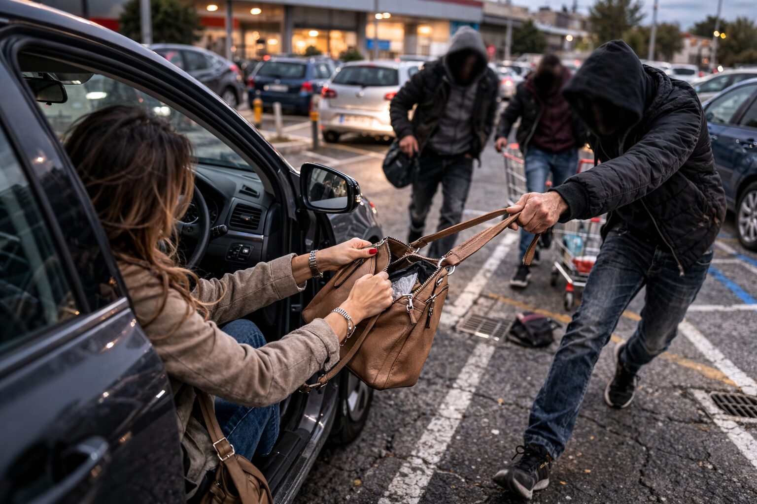 ladri rubano borsa ad una donna in un parcheggio