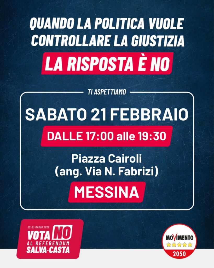 locandina banchetti informativi a messina del m5s sul no al referendum giustizia
