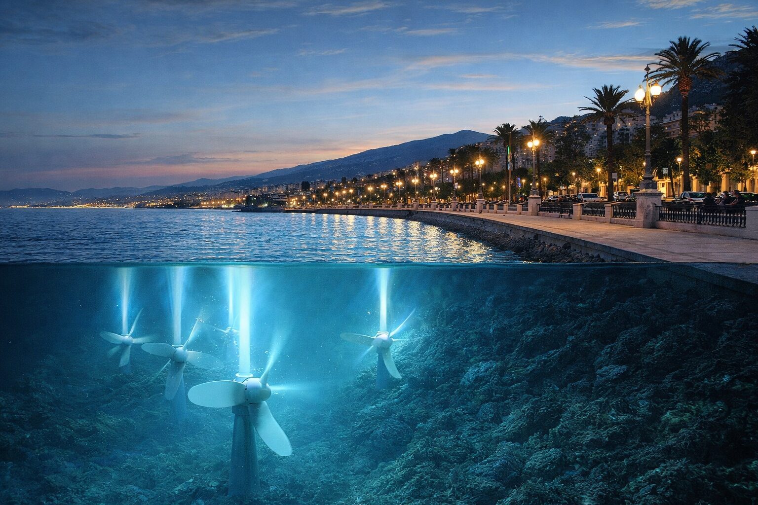 lungomare di reggio calabria illuminato dal mare con turbine sottomarine