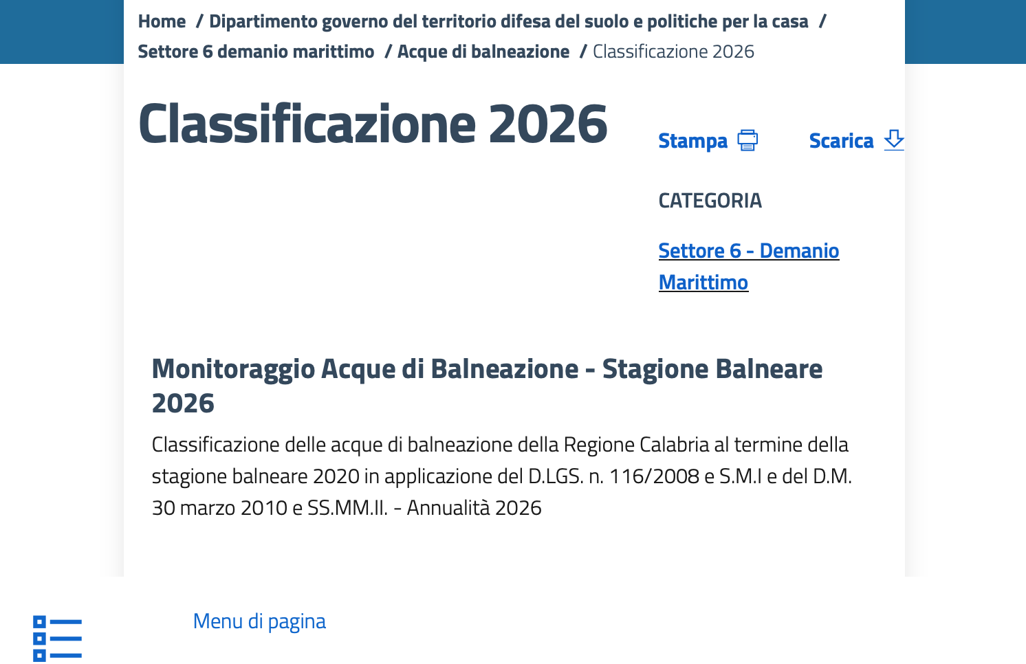 Acque di balneazione sito Regione Calabria