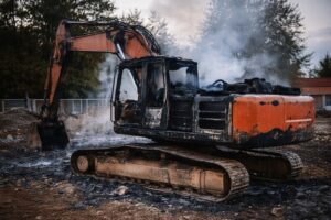 escavatore incendiato