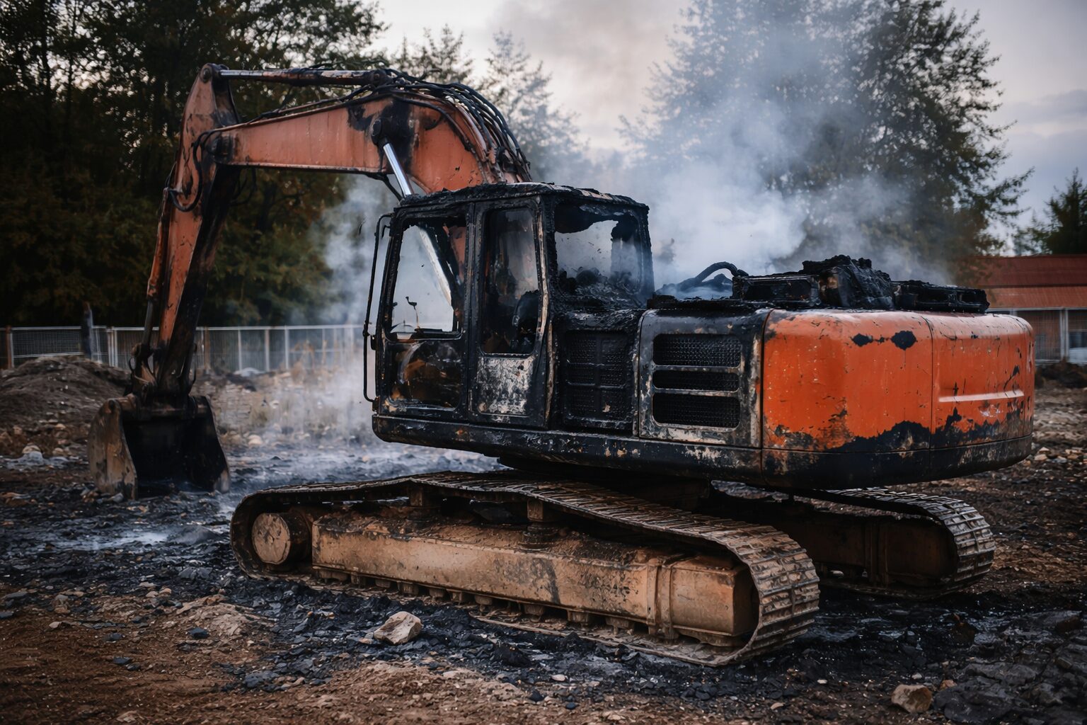 escavatore incendiato