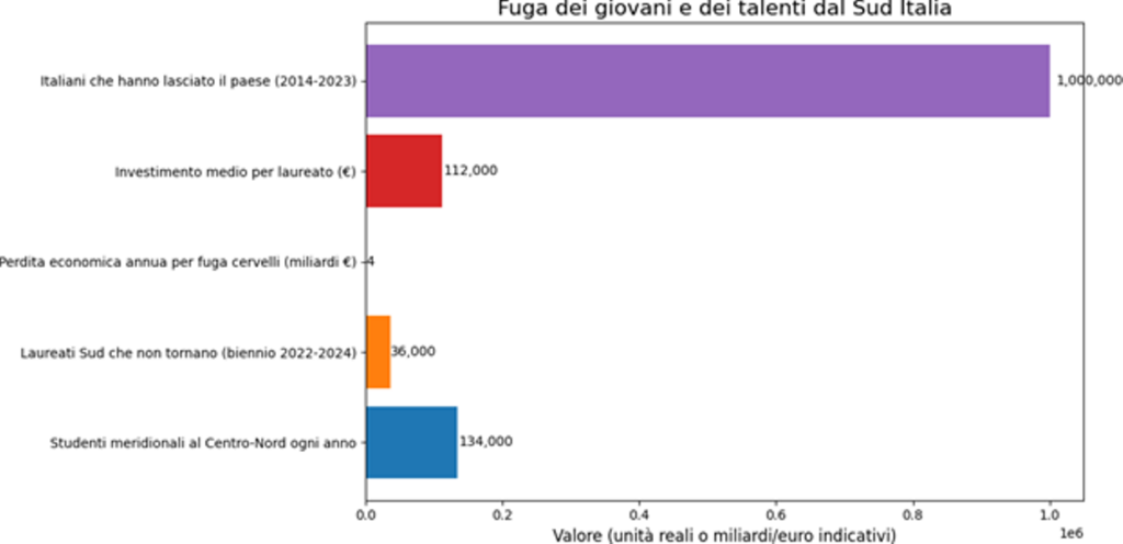 grafico con dati su fuga dei giovani e dei talenti dal sud italia