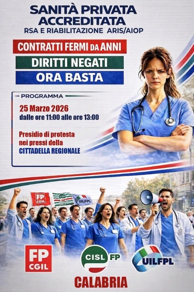 locandina presidio lavoratori sanità privata in Calabria