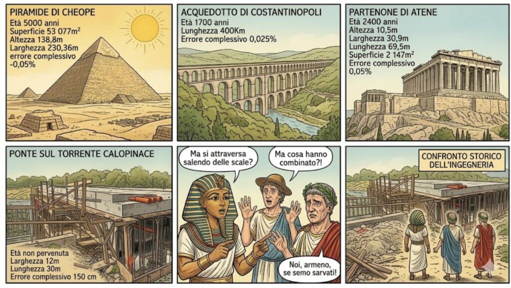 vignetta ironica su ponte calopinace e confronto con grandi opere del passato