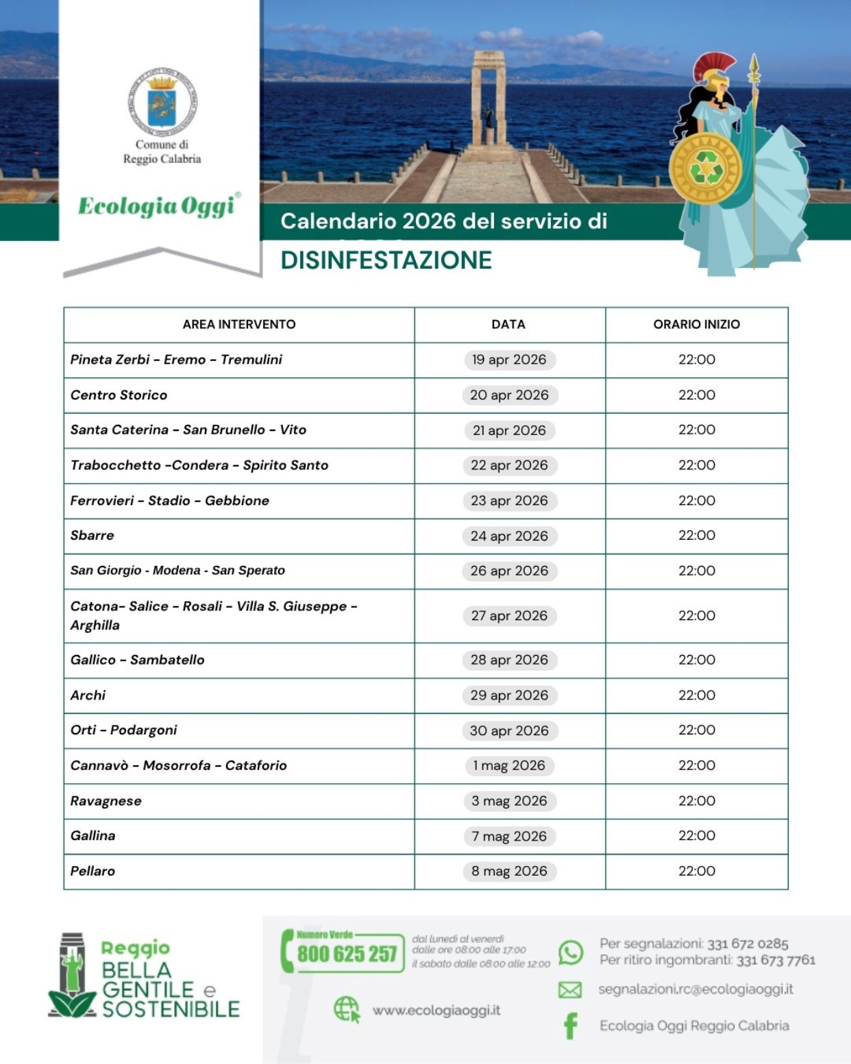 Calendario 2026 del servizio di disinfestazione